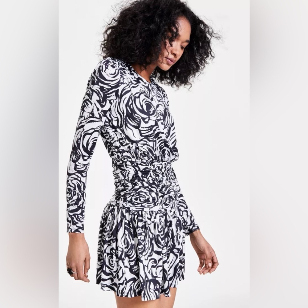 Bar III allover floral rose Print Ruched Mini Dress Balletcore Long Sleeve NWT M